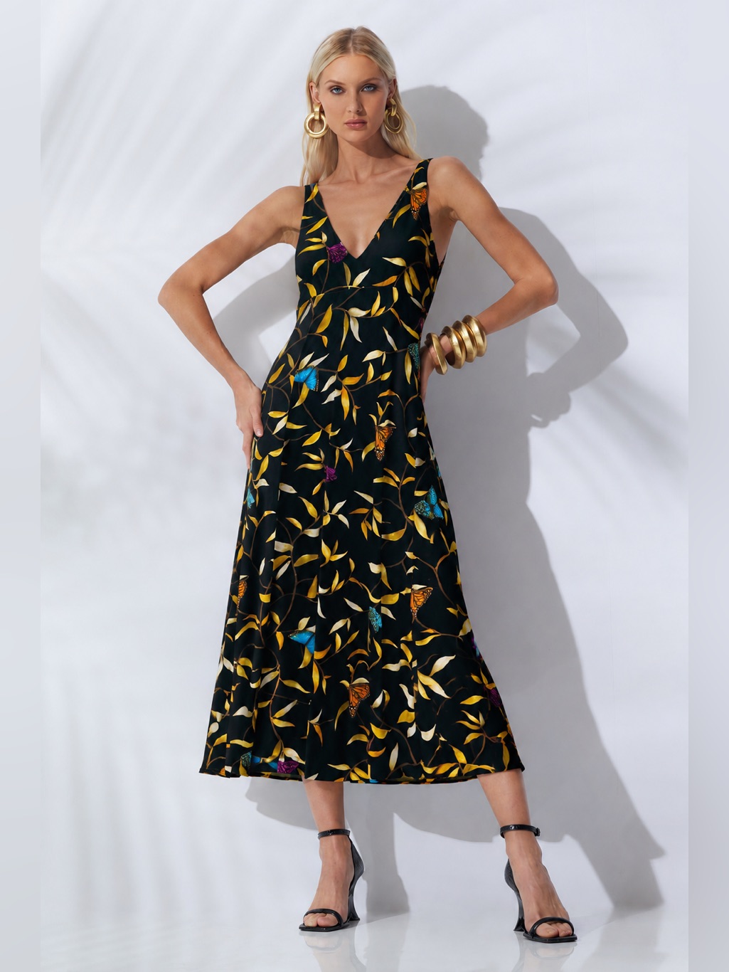 Natori Rtw Spring 2023 V Neck Butterfly Silk Botanical Midi Sleeveless Dress